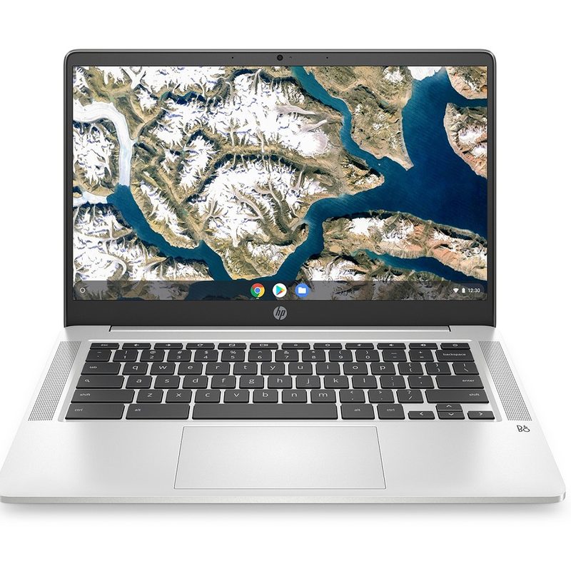 The 14-inch HP Chromebook with a top view of mountains on the display.