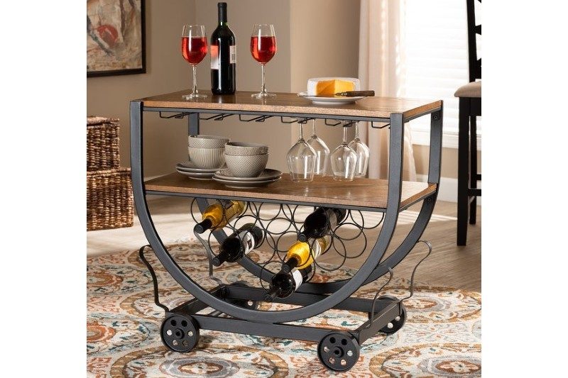 An industrial carbon bar cart with two shelves on a U-shaped base on wheeled cart.