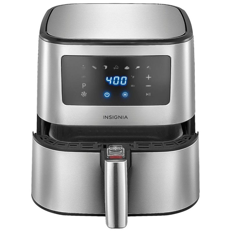 A 5-quart digital air fryer from Insignia with the basket partially open.