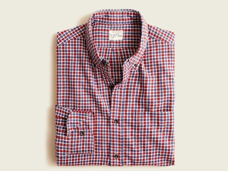 J.Crew Brushed Twill Shirt in Plaid on a gray background.