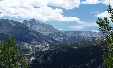 Panoramic view of mountains and valleys along the John Muir Trail.