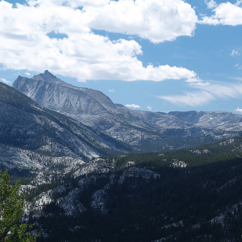 Panoramic view of mountains and valleys along the John Muir Trail.