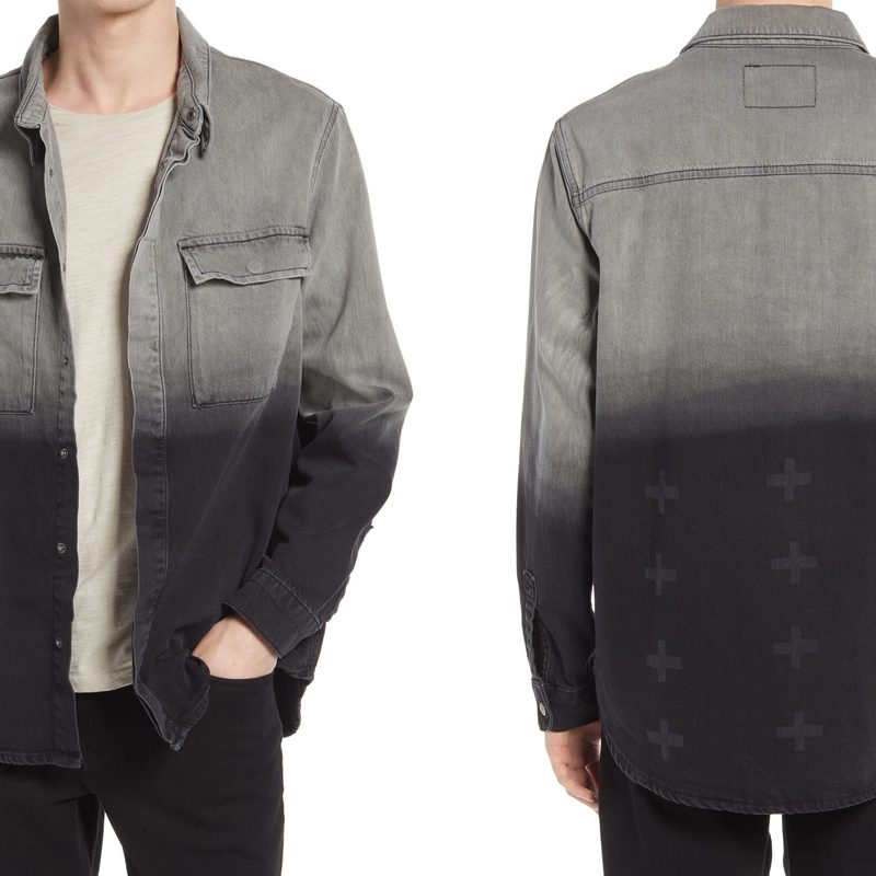 Ksubi Snakebite Regular Fit Dip Dye Denim Button-Up Shirt worn by a model.