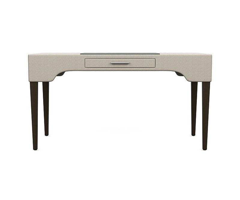 Label 180 The Bungalow Desk with dark wood tapered legs on a white backdrop.