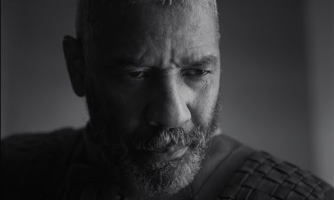 A closeup of Denzel Washington in the new Macbeth movie.