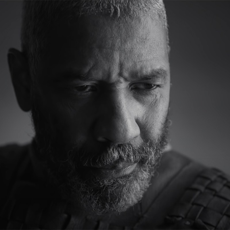 A closeup of Denzel Washington in the new Macbeth movie. 