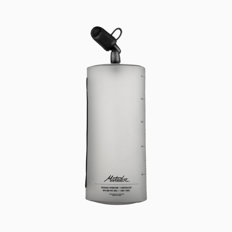 The Matador Packable Water Bottle folds flat when not in use.