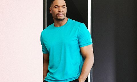 Michael Strahan models a shirt from his eponymous line.