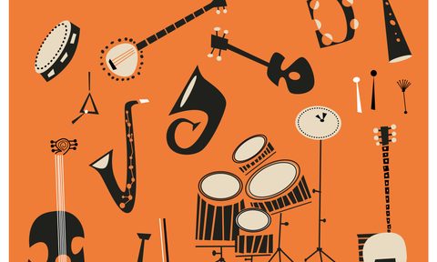 Digital artwork of various musical instruments.