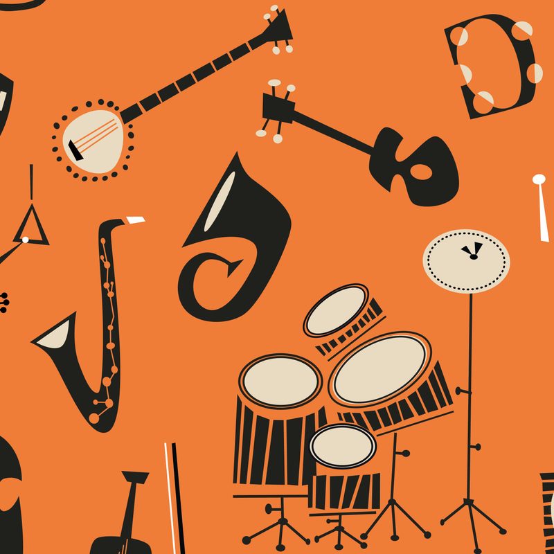Digital artwork of various musical instruments.