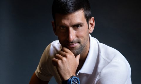 New Hublot brand ambassador Novak Djokovic sporting a Big Bang Meca-10 ceramic blue watch.