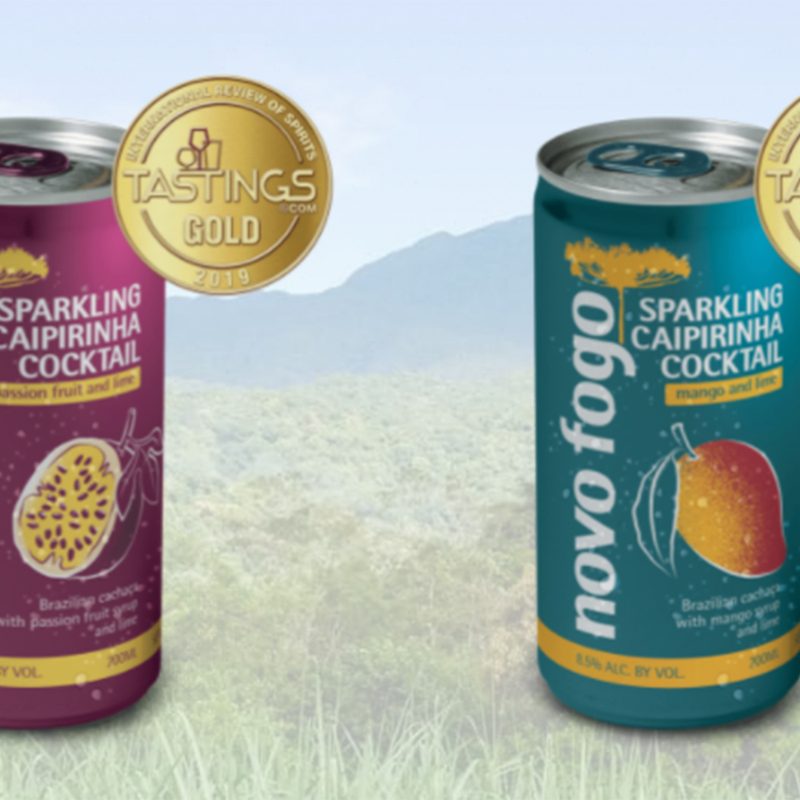 Novo Fogo Sparkling Cocktail cans in caipirinha and mango flavor.