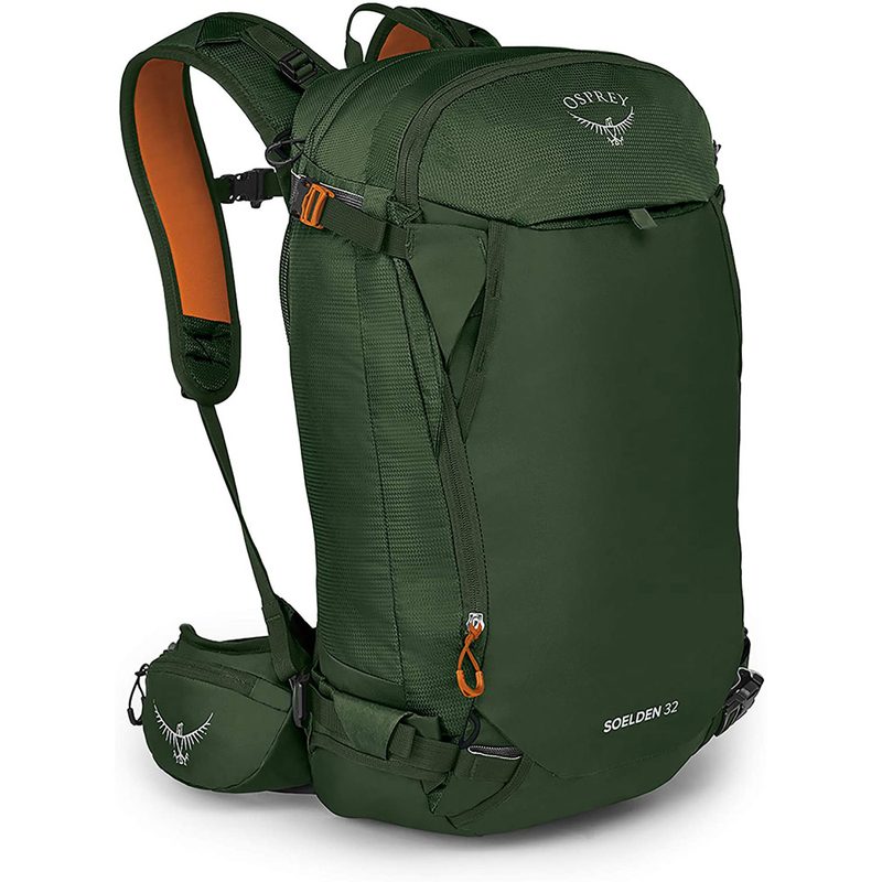 A green Osprey Soelden Ski Backpack on white background.