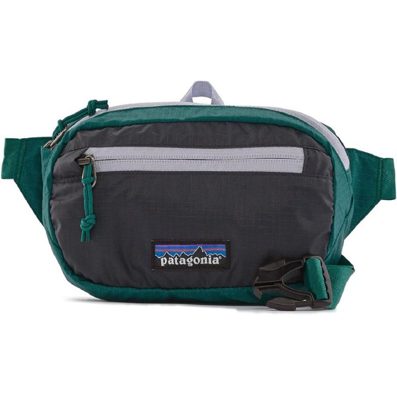 A green Patagonia Ultralight Black Hole Mini Hip Pack.