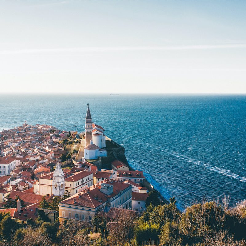Aerial shot of Piran, a coastal resort city in Slovenia.