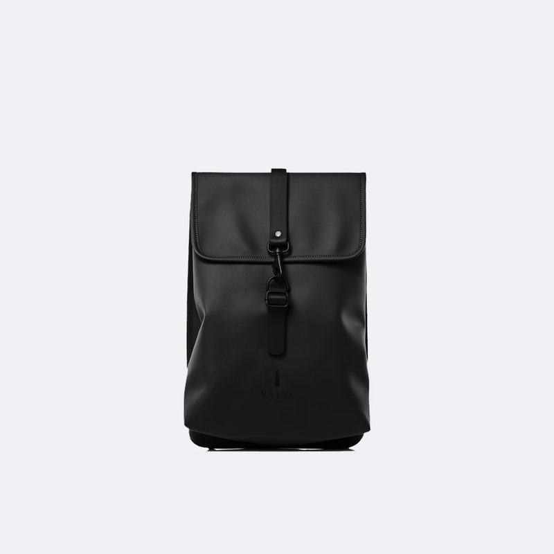 A black Rains Waterproof Rucksack.