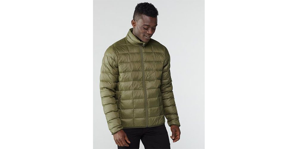 REI Co-op 650 Down Jacket 2.0 worn by a man on a gray background.