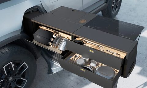 Rivian's Camp Kitchen and Snow Peak cookware set.