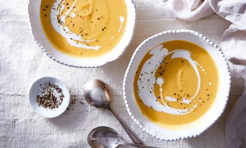 butternut squash soup with garnish.