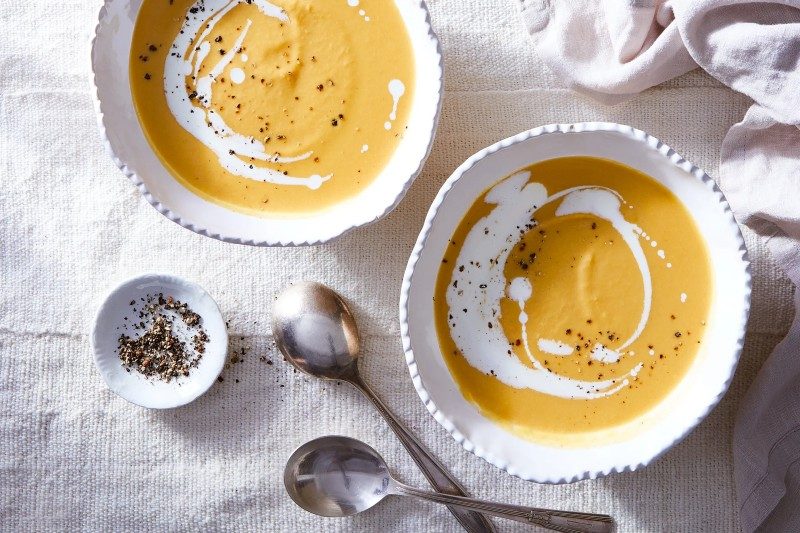 butternut squash soup with garnish.