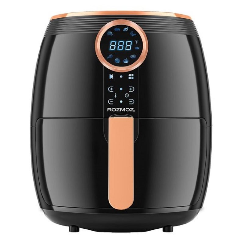 The copper-and-black Rozmoz air fryer.