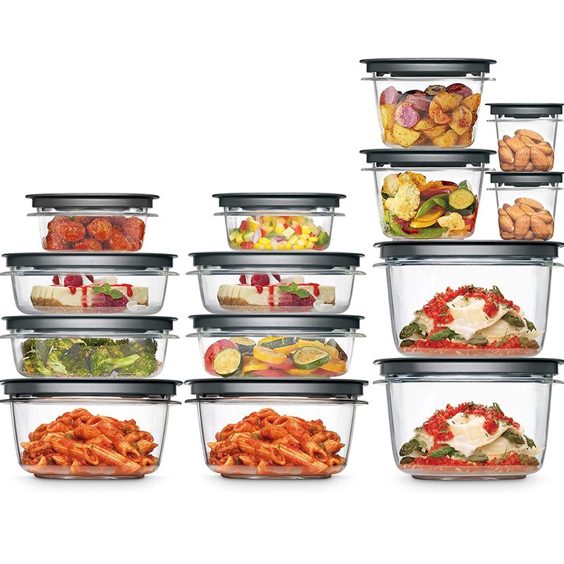 The Rubbermaid 28-Set Food Storage Container with assorted foods.