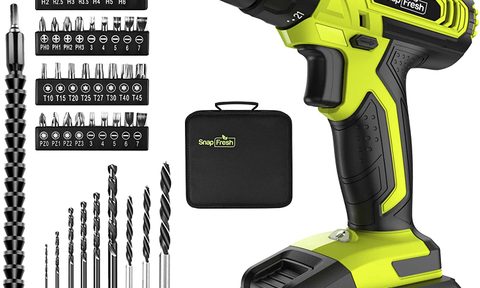 Ryobi cordless 20v drill with drill bits, batteries and case on a white background.