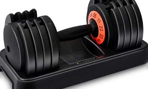 The Skonyon Adjustable Dumbbell in black, with an orange label for the weights.
