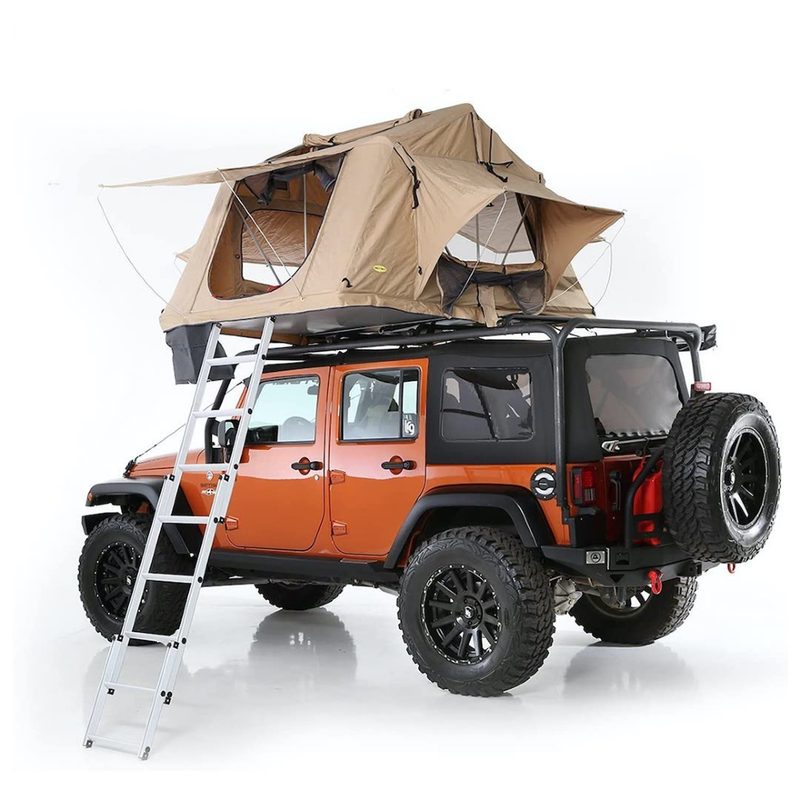 Smittybilt Overland rooftop tent on Jeep Wrangler SUV from back.