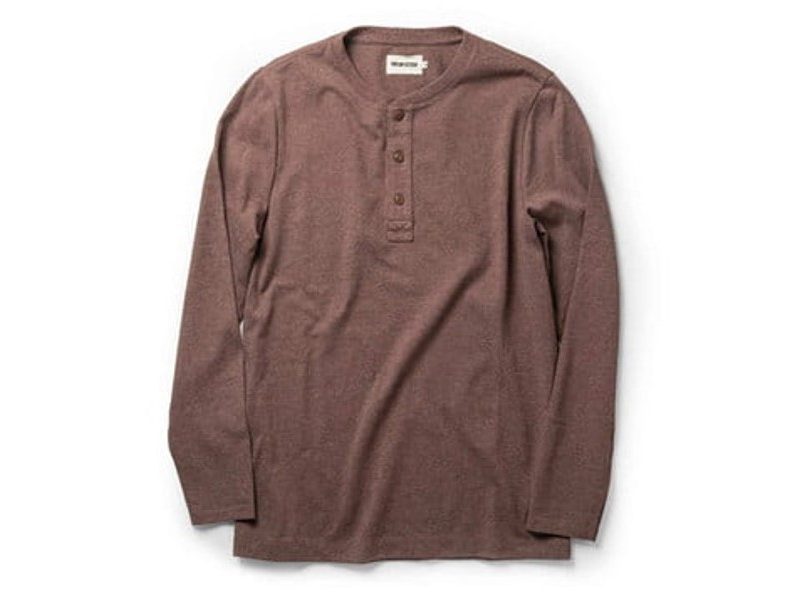 Brown Taylor Stitch Heavy Bag Henley Shirt on a white background.