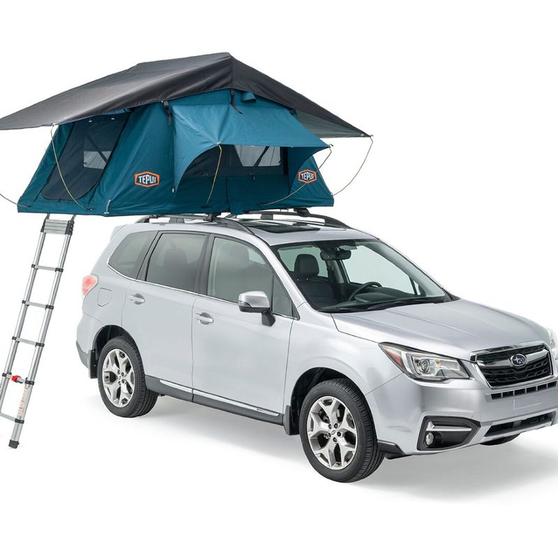 Thule rooftop tent on top of Subaru Forester.