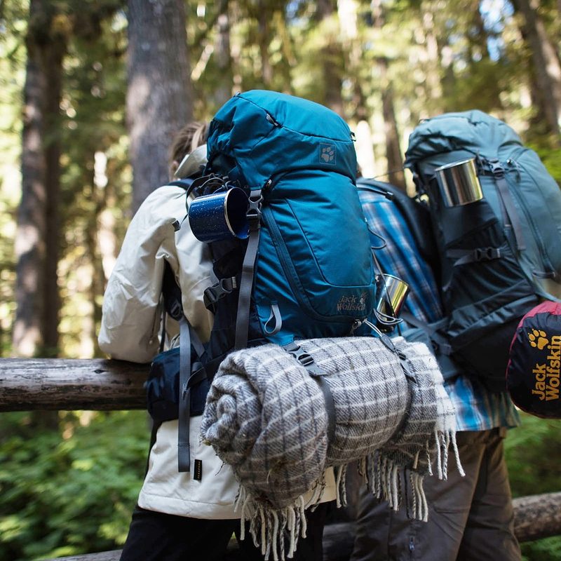Two people with mid-size backpacks on standing at railing in forest.