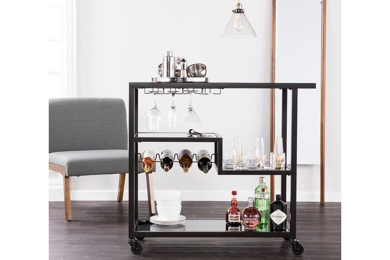 Zephs bar cart with asymmetrical middle shelf.