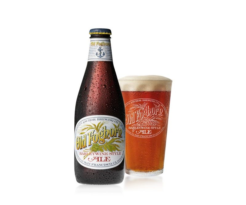 A bottle and glass of Anchor Old Foghorn.