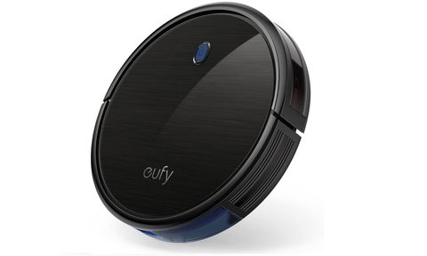 A black Anker Eufy Robovac on a white background.