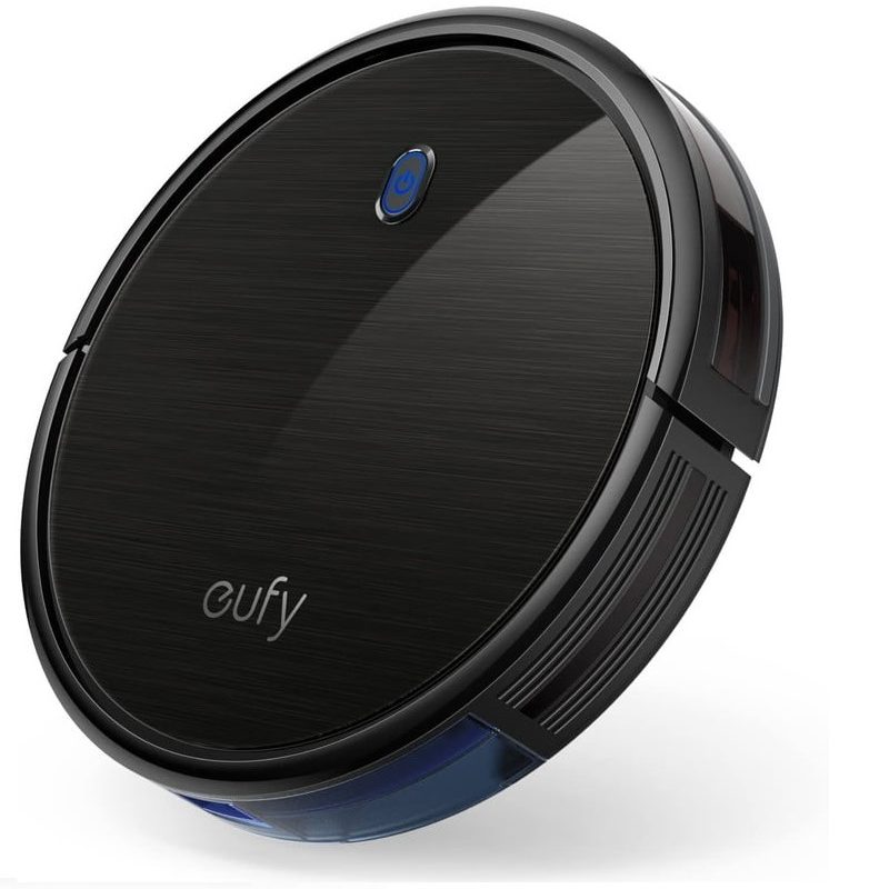 A black Anker Eufy Robovac on a white background.