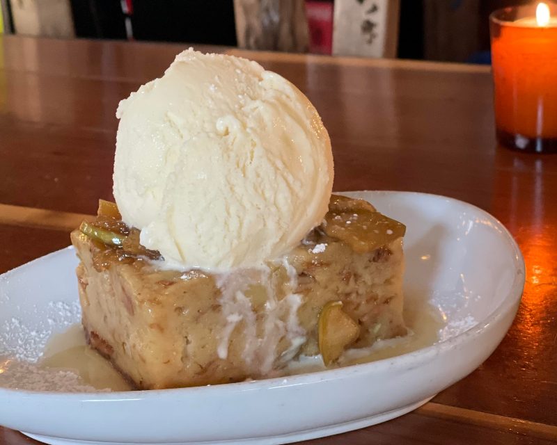 Farm Bar's Redfield Apple Bread Pudding on counter.