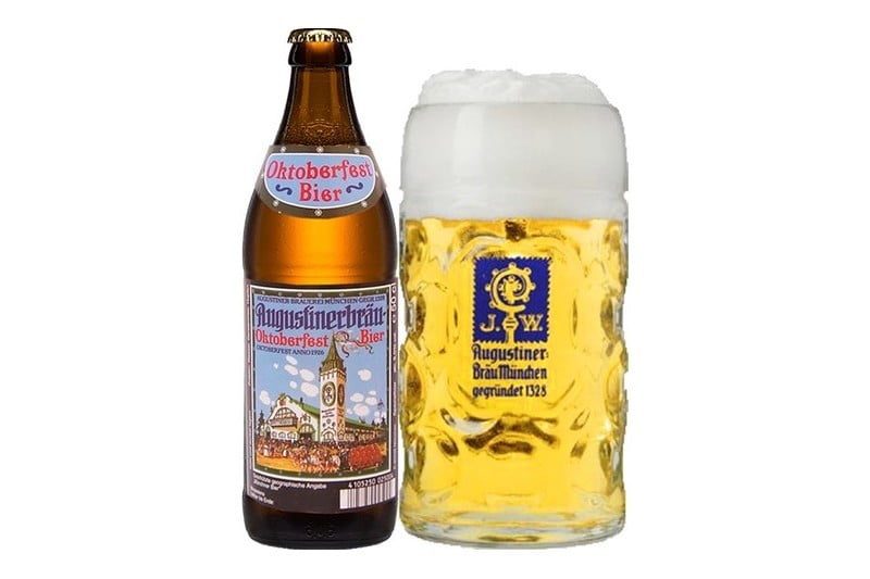 Augustiner Okoberfest beer in bottle and stein.