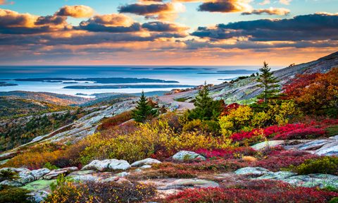 A spectacular view of Cadillac Mountain in Acadia National Park in fall