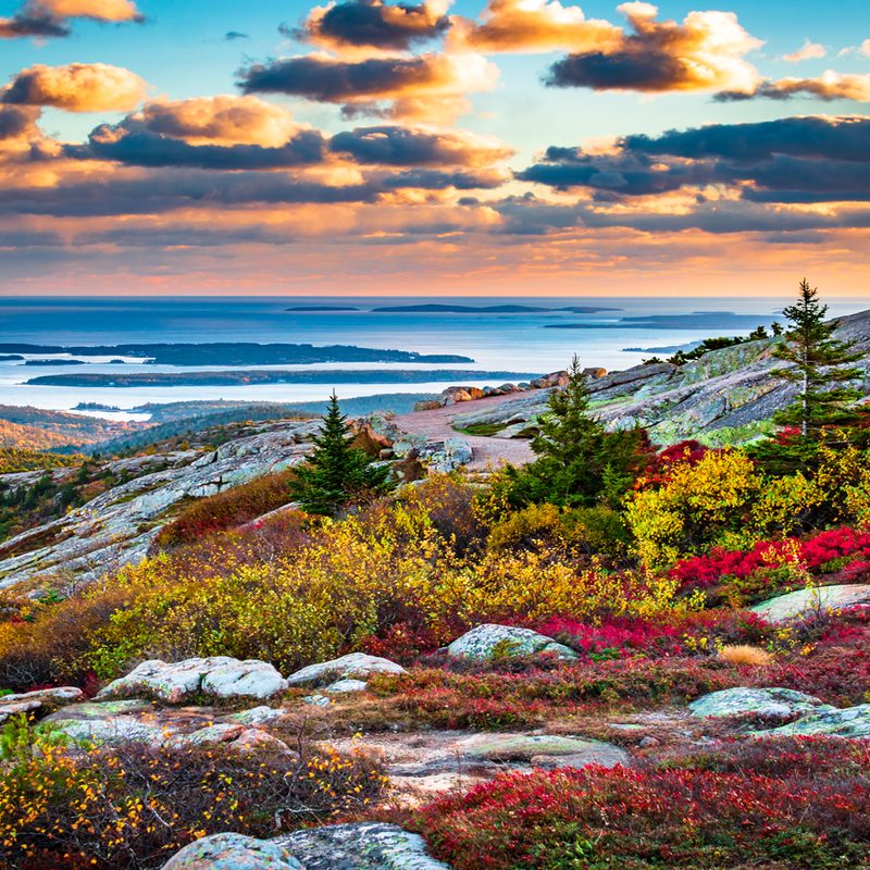 A spectacular view of Cadillac Mountain in Acadia National Park in fall