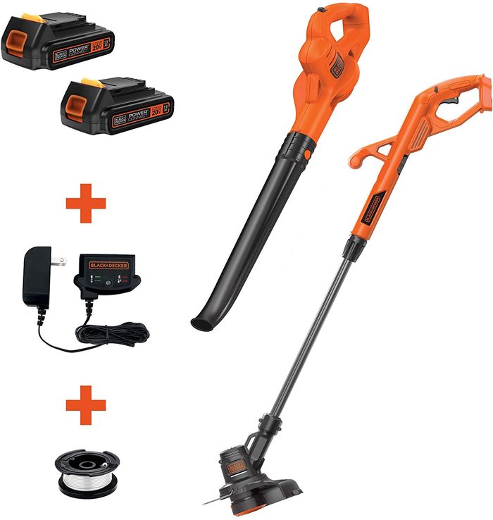 Black and decker 20v MAX trimmer/ edger and blower combo kit in orange, graphic showing all pieces included, on a white background.