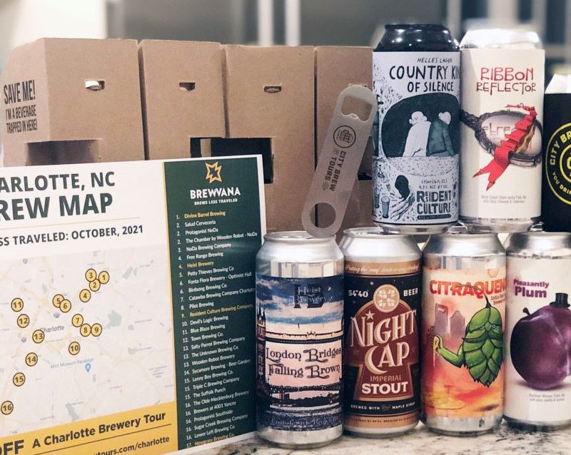 A bunch of canned Brewvana beers in display.