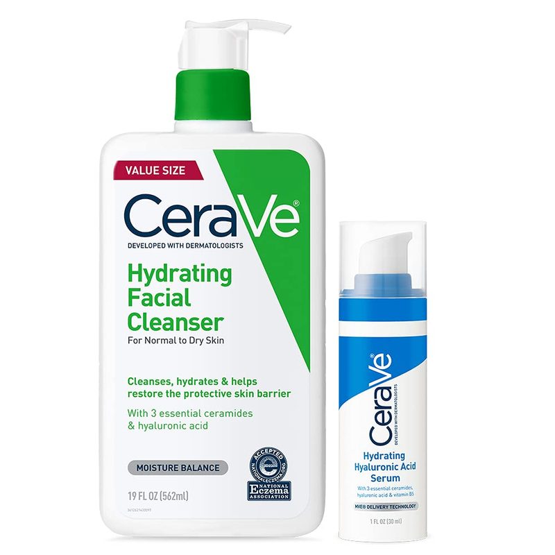 CeraVe Hydrating Face Wash and Hyaluronic Acid Serum with Vitamin B5 Set on a white background.