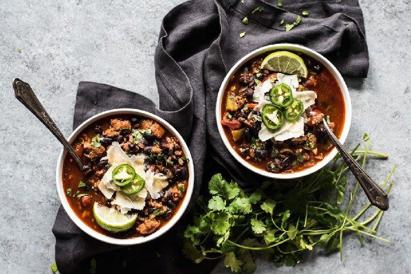 Two bowls of beef chorizo chili.