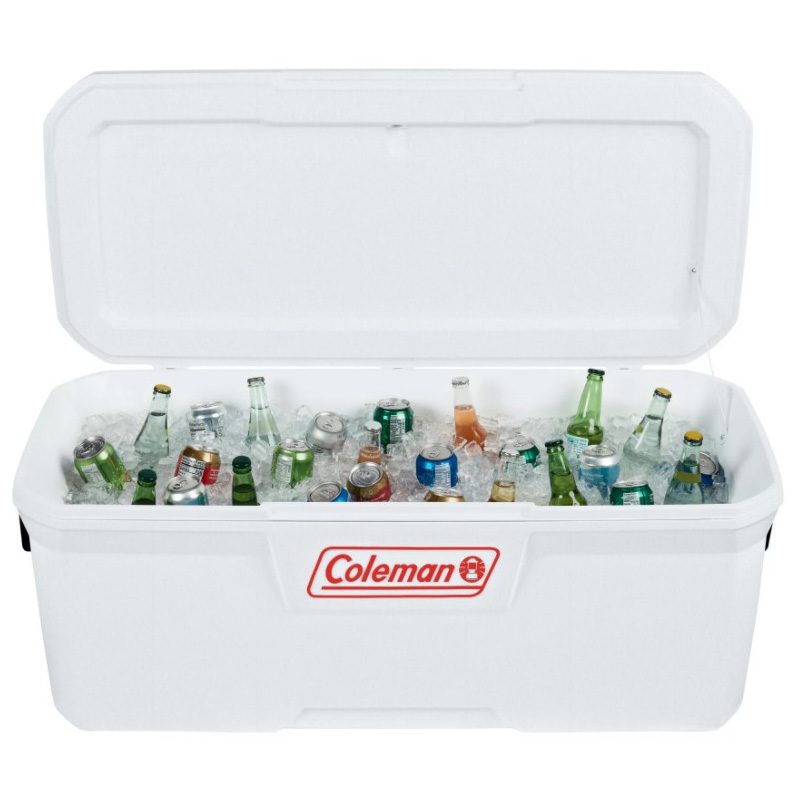 A Coleman Marine Cooler filled with ice and beverages.