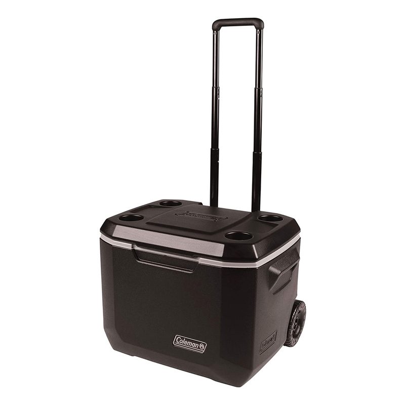 A black Coleman Xtreme 5-Day Rolling Cooler on white background.