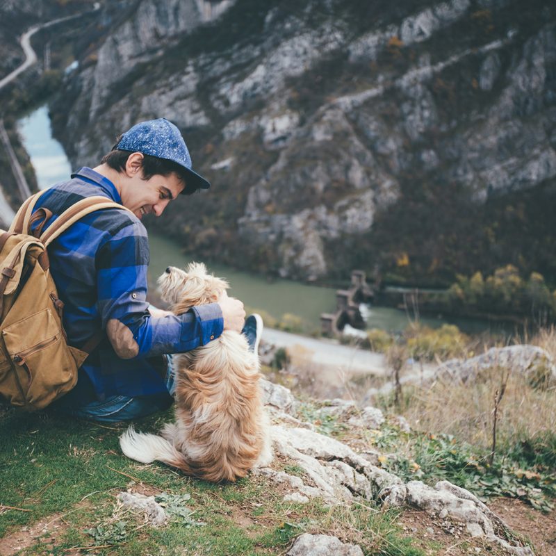 A resting young man touching his dog on a mountain.