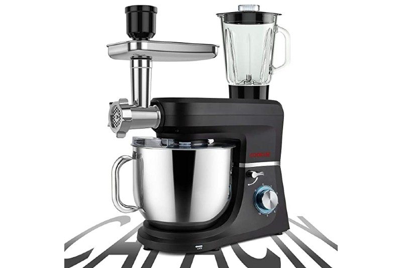 cooklee 6 in 1 stand mixer with belnder and meat grinder attachments.