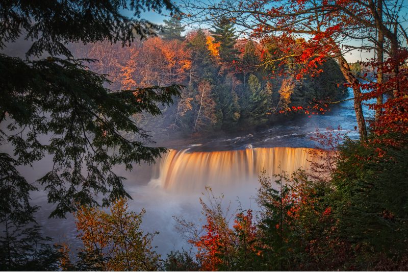 Waterfall in Michigan during fall foliage.
