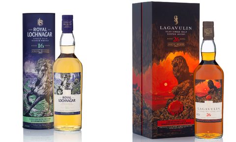 Two of Diageo's newest eight special, single malt Scotches, complete with protective mythic beasts.